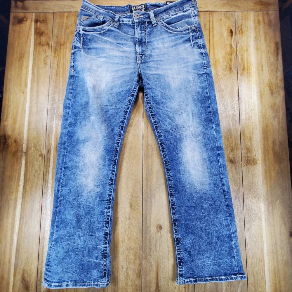 Salvage Mayhem Bootcut Jeans Mens 34x30 Blue Distressed Heavy Stitch Regular